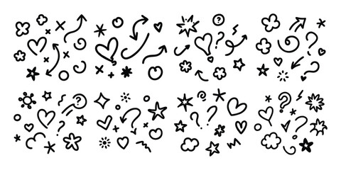 Hand drawn doodle elements collection with hearts arrows stars question marks and flowers