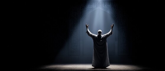 A man praying with his hand up, and a mosque in the backdrop