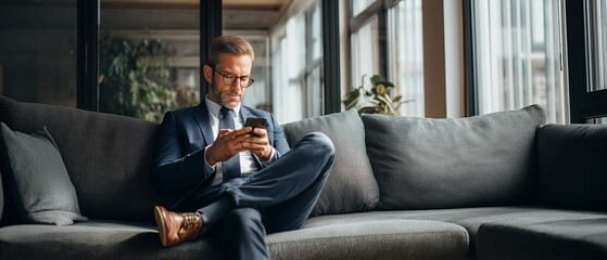 Handsome ceo is sitting on the office sofa, using his phone to check social media applications.