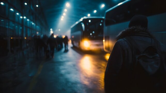 A person with a backpack stands in a dimly lit bus terminal at night with buses and other travelers visible
