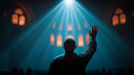 A man praying with his hand up, and a mosque in the backdrop