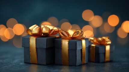 black gift boxes with gold bows,