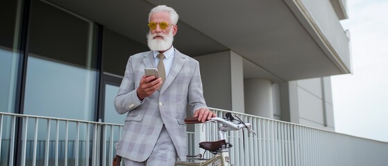 An elderly businessman is standing near a contemporary building on a bicycle and texting on his smartphone.