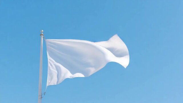 White Flag Waving Peacefully Against a Clear Blue Sky Backdrop.