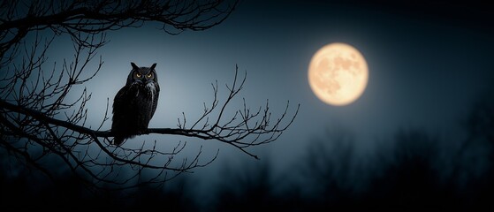 Owl in the night sky against the full moon