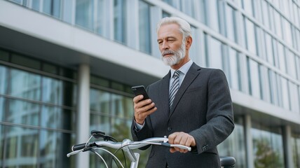 An elderly businessman is standing near a contemporary building on a bicycle and texting on his smartphone.