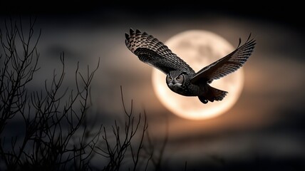 Owl in the night sky against the full moon