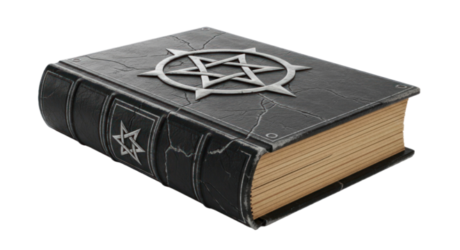A black leather-bound book with a silver pentagram on its cover, placed on a white surface.