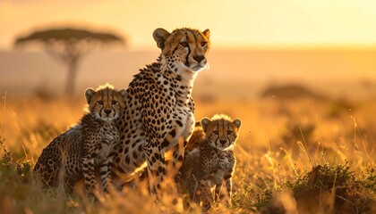 A cheetah mother and her two cubs sit together in the tall grass during golden hour, basking in the warm light