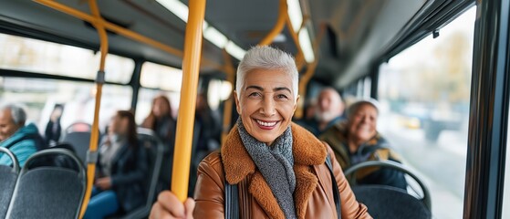 Elderly passenger smiles at the camera while gripping the handle of a public bus.