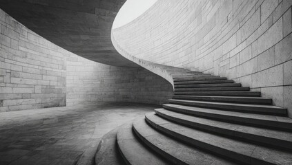 A monochrome shot of a curved stairway inside a modern architectural space with stone walls