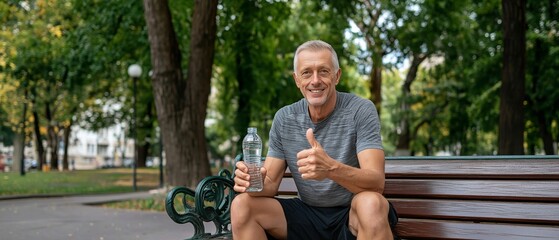 A senior athlete gives the thumbs up while sitting on a park seat with a bottle of water.