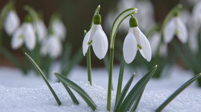 Close-up video of snowdrops emerging through snow, captured at a low angle. The serene scene highlights the delicate white petals and green stems. Live desktop wallpaper.
