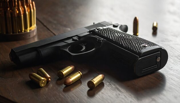 A close-up shot of a black handgun on a wooden surface, surrounded by several bullets. The lighting creates a sense of depth