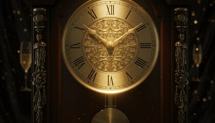 Ornate pendulum clock with golden dial and Roman numerals against warm bokeh. Seconds before midnight — New Year countdown mood.
