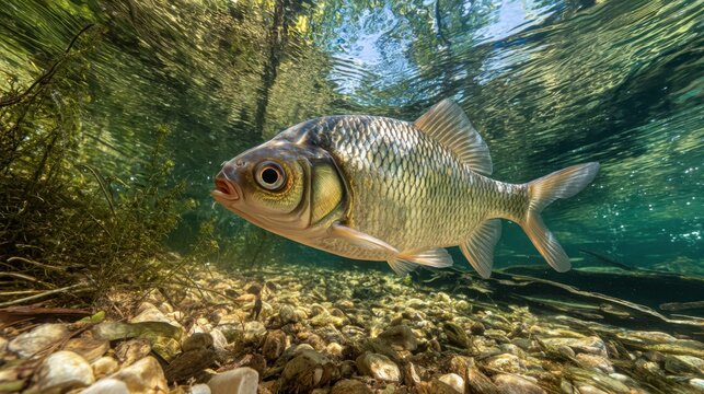 Close-up of a Carp Bream swimming in a clear pond, surrounded by river plants and sunlight filtering through the water in a natural, wild setting.
