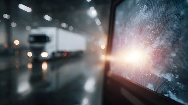 A futuristic digital dashboard visualizing live vehicle tracking and logistics data on a large glowing screen