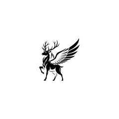A winged stag in black ink silhouette standing proudly on a white background