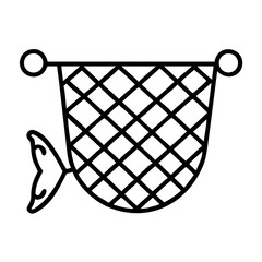 Simple line drawing of a fishing net with a fish tail emerging