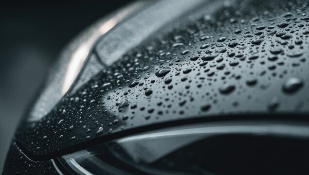 Close-up of a car's rain-covered hood, showcasing the water droplets on a shiny surface