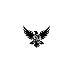 Stylized bird with rose center in monochrome, wings spread, leaves under bloom