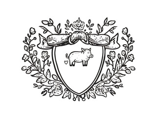 Fototapeta premium A decorative crest features a pig floral wreath and ribbon on a transparent background