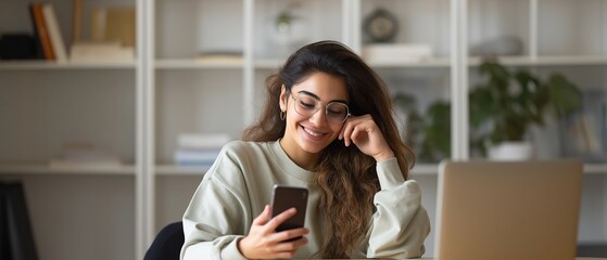 A young Indian girl uses her cell phone for business talk and job.