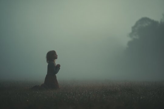 Girl kneels in a foggy field with eyes closed, hands folded in prayer, surrounded by soft mist, dewy grass, and a tranquil morning atmosphere.