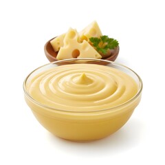 High key studio shot of creamy cheese dip in glass bowl with swiss cheese pieces and parsley garnish cheese, dip, dairy, swiss, sauce, creamy, yegolden yellow dairy spread isolated on white background