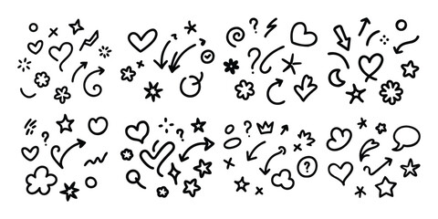 Collection of hand drawn doodle elements including hearts stars arrows and question marks
