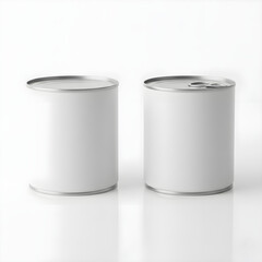 High key studio shot of two white blank metal food cans, one with smooth top and bottom and another with silver pull-tab lid, isolated on white background with even lighting for product mock