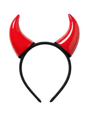 A red devil horn headband on a white background.