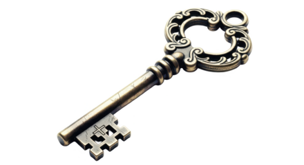 A close-up view of an antique key with intricate design on a plain surface