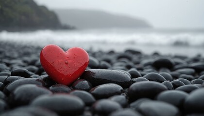Bright red heart stone sits on wet dark pebbles at ocean beach. Water droplets cover love symbol. Grey sea waves break on shore. Cloudy cold weather, nature background, conveying emotional solitude.