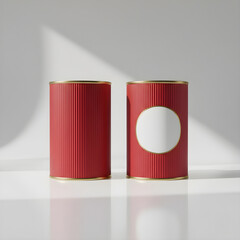 Studio shot of two identical red ribbed metal cans with golden rims, one plain and one with circular white label, on reflective white surface with soft spotlight and moody background