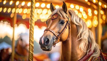 A close-up of a carousel horse with a detailed harness and flowing mane, set against a blurred background of warm, golden lights