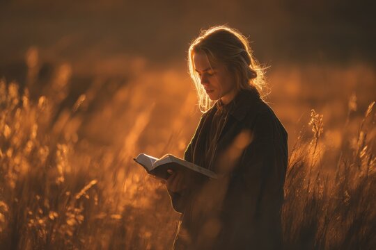 Teenage girl reads the Holy Bible in a sunlit field at sunset, surrounded by golden light and peaceful nature, reflecting faith and hope.