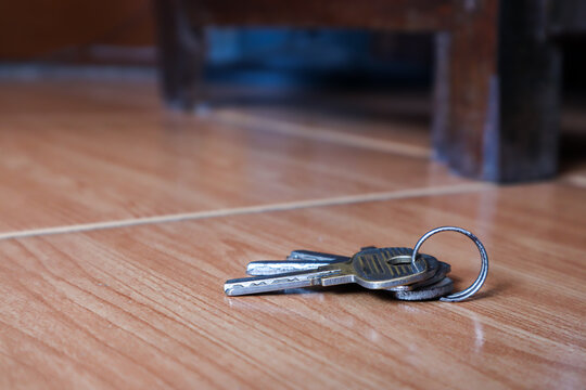 house keys on a ring on the floor in a room. The concept of forgetting or dropping keys in the house. 