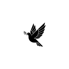 Stylized black dove in flight with olive branch, symbol of peace on a white backdrop