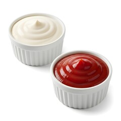 High key studio shot of two white fluted ramekins with creamy mayonnaise and glossy red ketchup, smooth textures, isolated on white background, food condiment close-up
