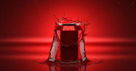 Dynamic Red Beverage Can with Energetic Liquid Splash on Vibrant Monochromatic Red Background, Refreshment Concept