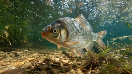 Obraz premium Close-up underwater image of a Carp Bream swimming through a clear pond with detailed scales, river plants, and natural light.