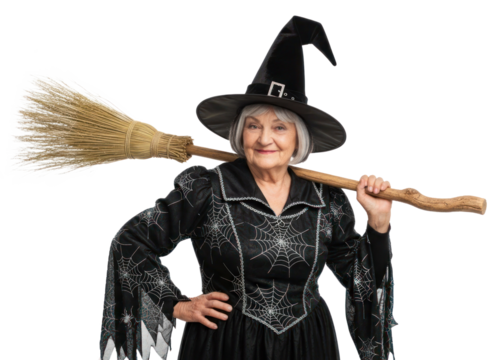 A senior woman dressed as a witch holding a broom against a white background.