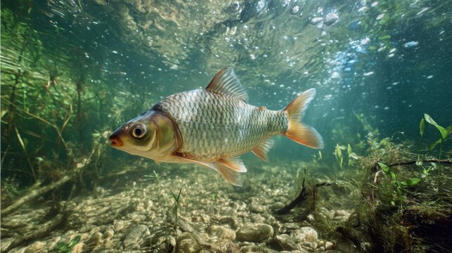 Close-up underwater image of a Carp Bream swimming through a clear pond with detailed scales, river plants, and natural light.