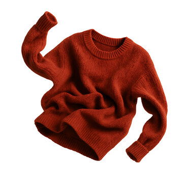 Dark red ribbed sweater flying front view isolated on transparent background