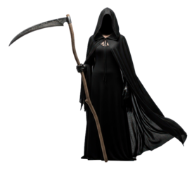 A black cloak with a hood and a long, curved scythe in the hands of a figure in a dark, shadowy setting.