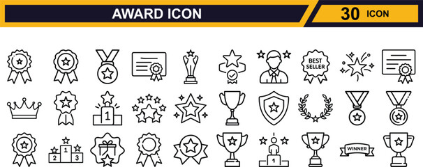 Collection of award icons featuring trophies ribbons stars and certificates for recognition and achievement