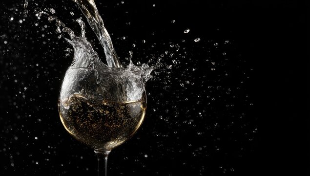 Dynamic close-up of liquid cascading into a crystal goblet, creating a splash against a black backdrop