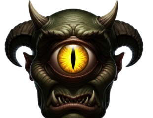 A green and yellow monster head with horns and a large yellow eye, set against a white background.