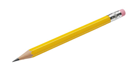A yellow pencil with a pink eraser on a white background.